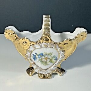 Porcelain Victorian Floral Basket With Handle Flower Vase Gold Gilded Design
